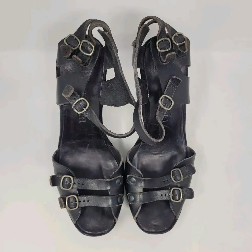 Pedro Garcia Sandals Womens US 8.5 Black Leather Wedge Boho Biker Rocker Buckles
